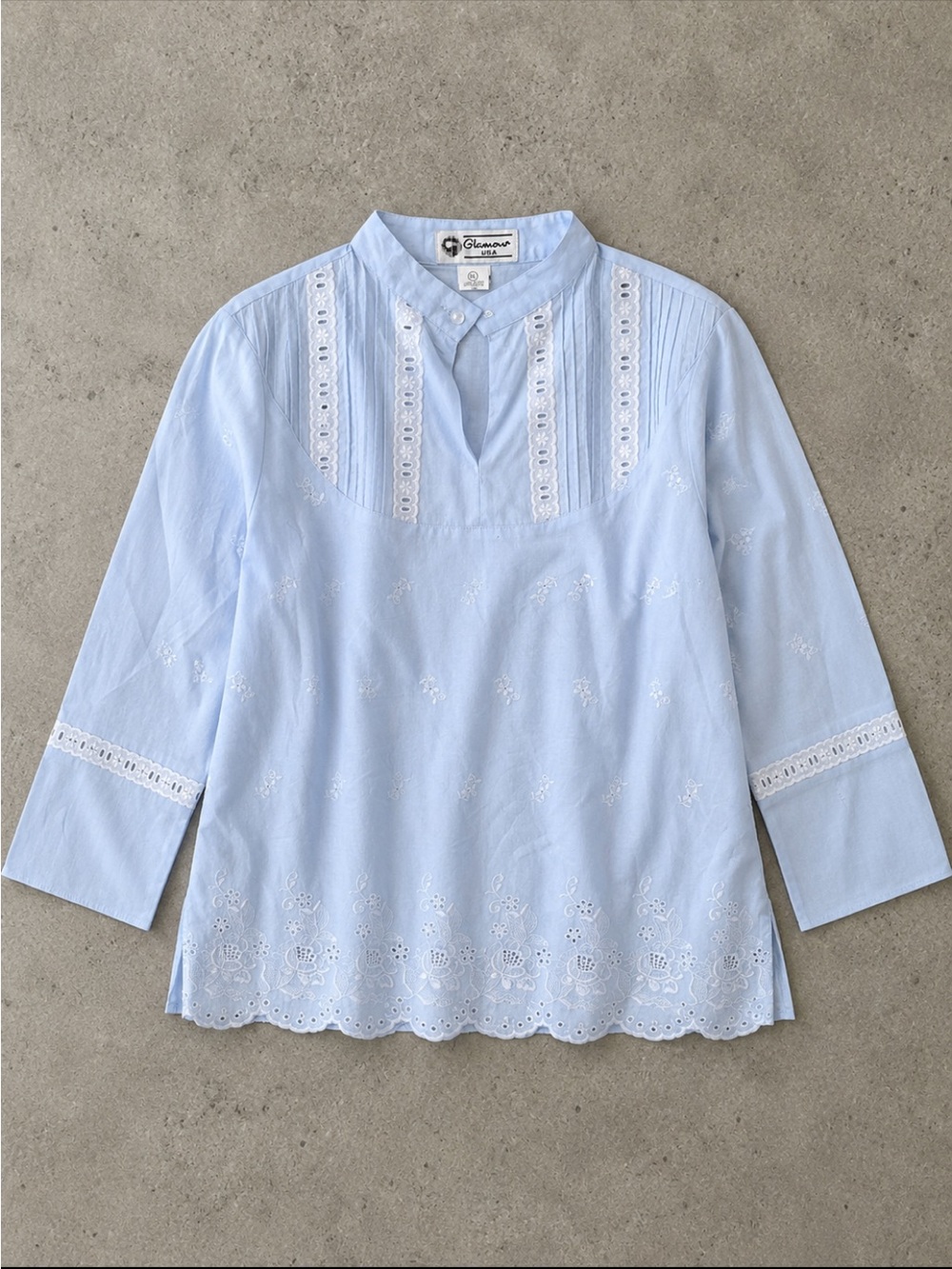 80s Glamour USA Light Blue Eyelet Embroidered Cotton Blouse Woman Large Boho